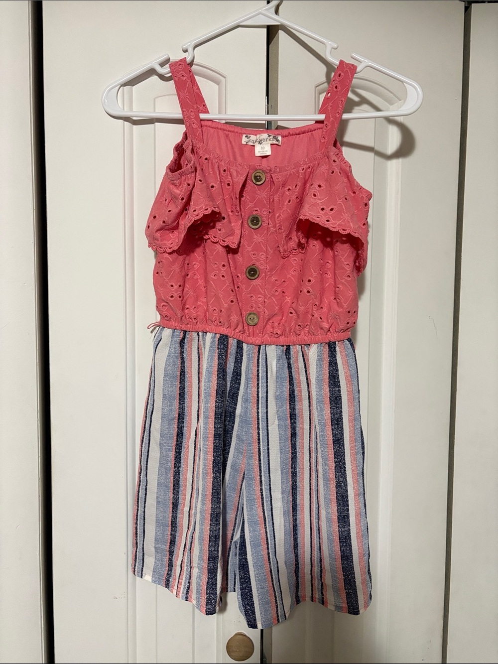 Knitworks Coral Eyelet Button Romper with Navy & White Stripes